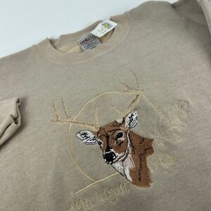 Oneita Power Sweats XL VTG Crewneck Michigan Deer Embroidered NEW Tan USA